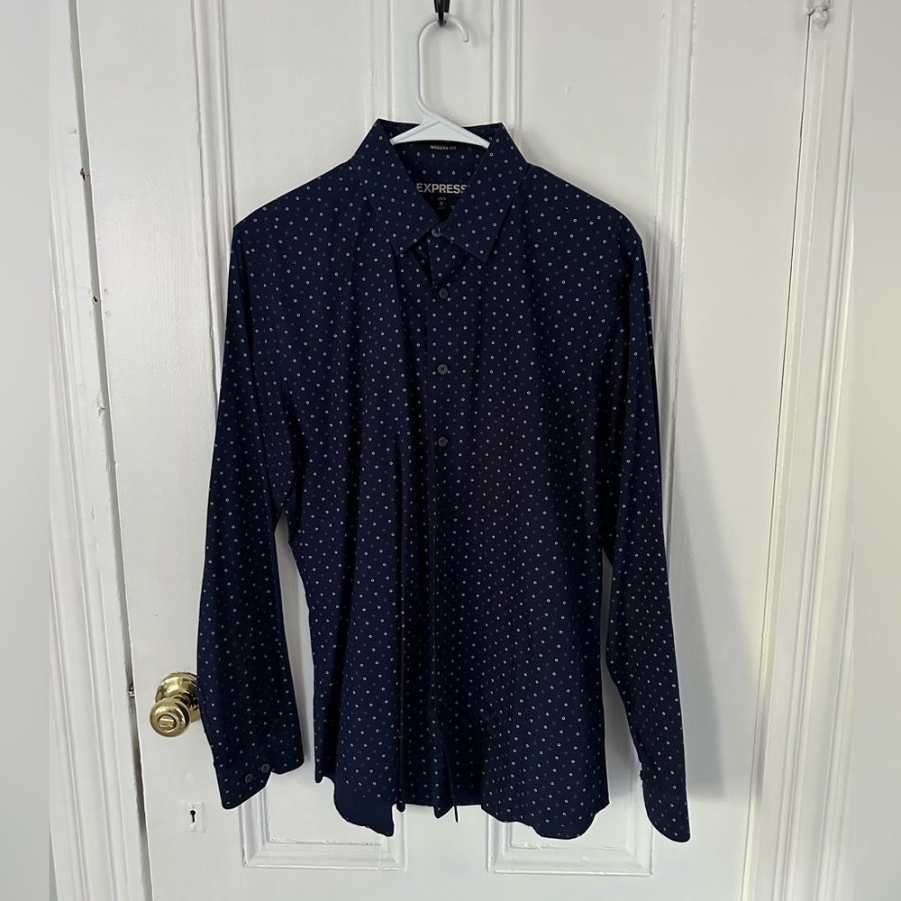 Express Men's Medium Modern Fit Dotted Design Dress Shirt - Navy Blue